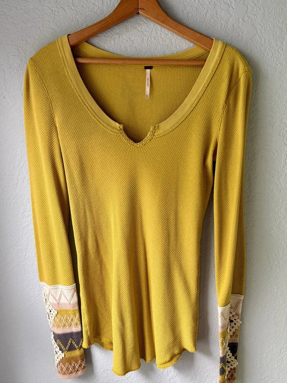 Free People Kombucha Cuff Thermal Top Mustard Yellow M Waffle Knit Crochet